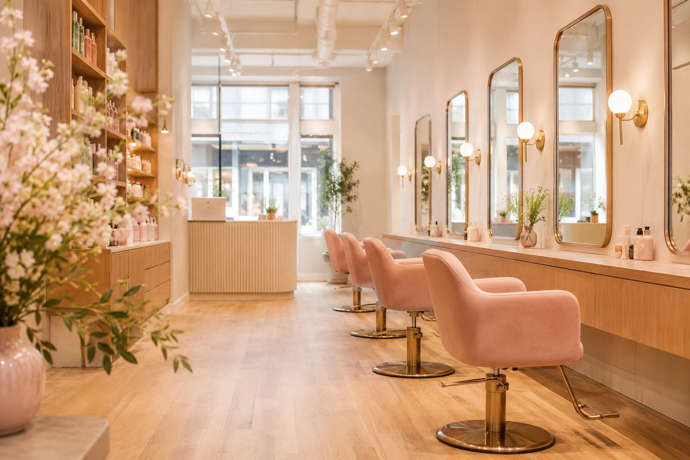 Modern Bloom salon interior with soft blush-pink accents