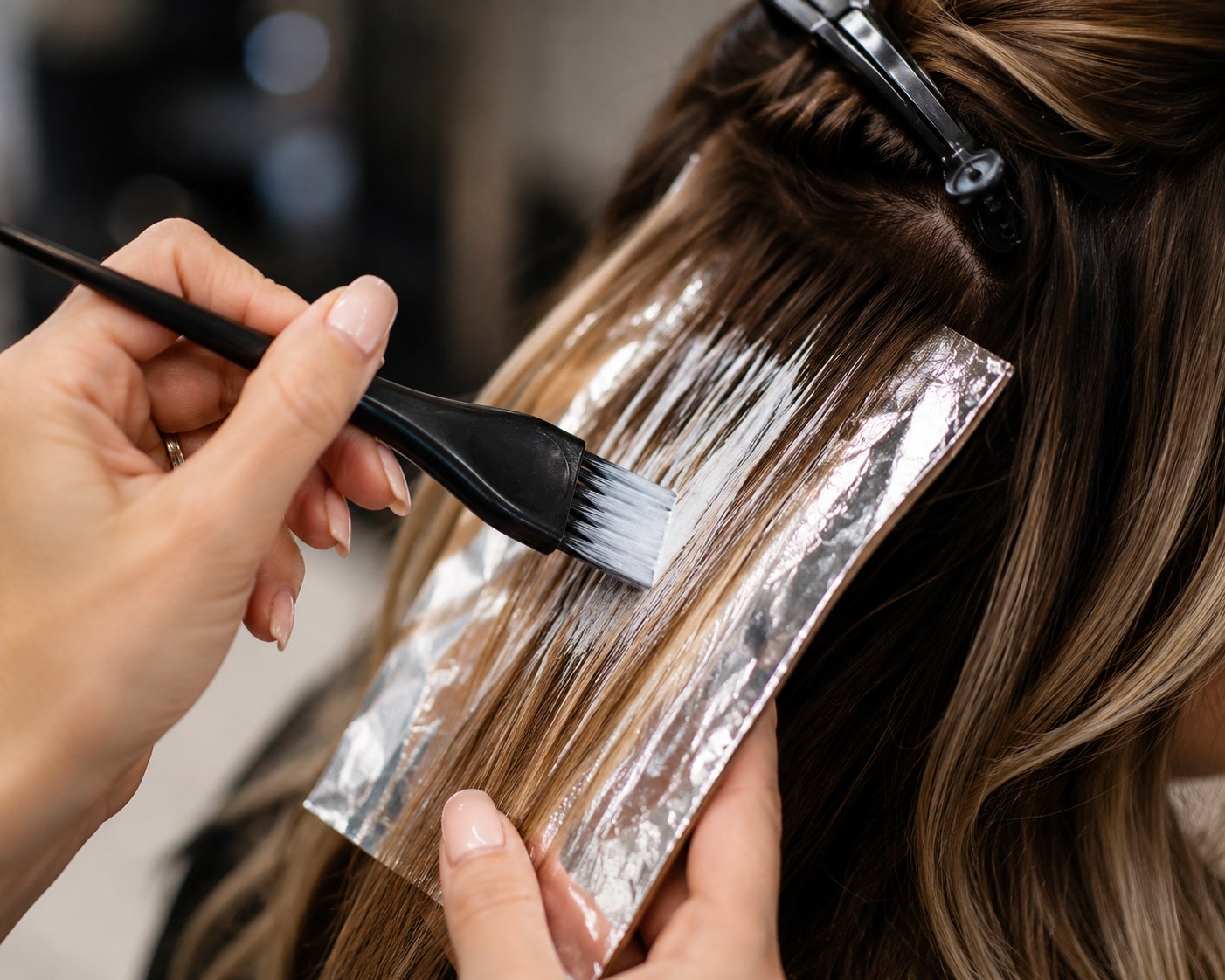 Foil highlights being painted through the hair at Bloom with a color brush